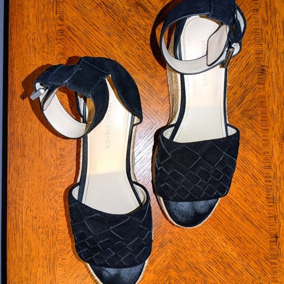 MARC FISHER VARIN Espadrille Wedge Platform Black Leather Suede Sandals  Sz 8M - Picture 9 of 14
